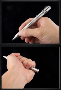 Detail showing tactical pen bolt action mechanism and knurled grip for outdoor defense