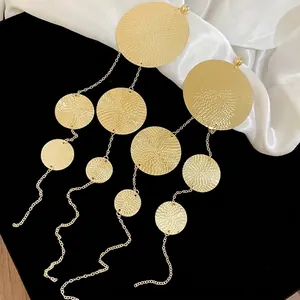 Exaggerated gold multi-layer round disc tassel drop earrings with hammered texture finish