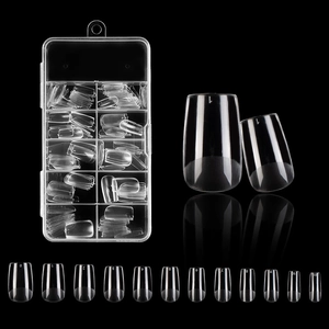 Detailed display of 12 sizes of transparent square round false nail tips on black background