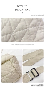 Close-up of quilted pattern details, reinforced base corners and adjustable shoulder strap