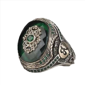 Vintage men's ring in silver finish with green emerald-cut stone and letter A detail