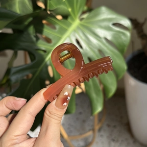 Detail of reddish-brown translucent shark hair claw clip with golden metal spring