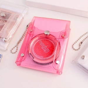 Glittery transparent pink PVC card holder wallet with silver chain and snap closure