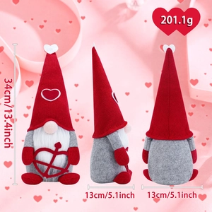 Three-sided view of Valentine's gnome plush showing 34cm height and 13cm width dimensions
