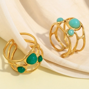 Vintage 18K gold-plated stainless steel open rings with green and blue gemstones