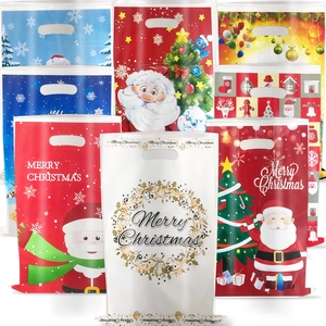 Christmas Gift Bags Plastic Candy Goodie Wrap Bags With Handles Santa Reindeer Cartoon Holiday Party Favors