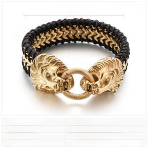 Close-up of a punk lion head stainless steel charm on a braided black leather bracelet