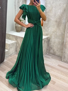 Elegant dark green pleated maxi dress with ruffle sleeves and slim fit waist design
