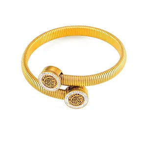Stainless Steel Flexible Tubogas Bangle Bracelet With Hollow Round Disc Rhinestone Inlay Ethnic Geometric Style Jewelry