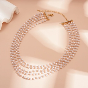 Luxurious multi-layer faux pearl necklace with gold-plated accents and sparkling crystals