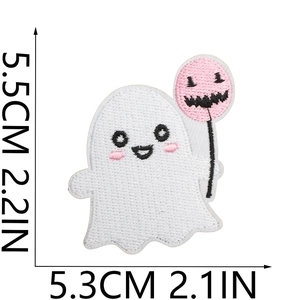 Detail of ghost embroidery patch holding a pink balloon with 5.5cm x 5.3cm size dimensions