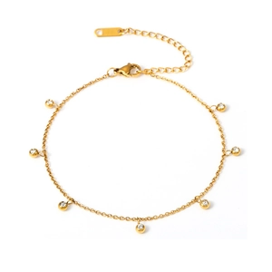 Elegant gold stainless steel anklet with sparkling zircon beads and adjustable lobster clasp