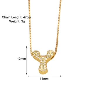 Detailed view of gold plated Y letter necklace with cubic zirconia and 47cm chain length
