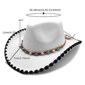 White western cowboy hat with blue starfish beads and woven rope trim on felt material