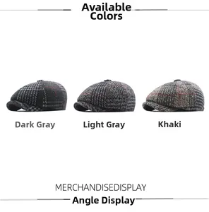 Detailed comparison of houndstooth newsboy caps in dark gray, light gray and khaki colors
