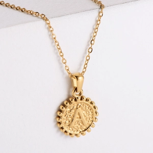 18k gold plated stainless steel necklace with hammered heart pendant and letter A engraving