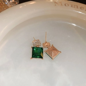 Detailed macro view of square emerald-cut green crystal earrings with rose gold plating