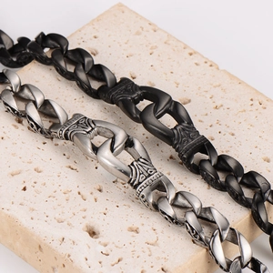 Vintage totem embossed chain bracelet for men in black and antique silver metal finish