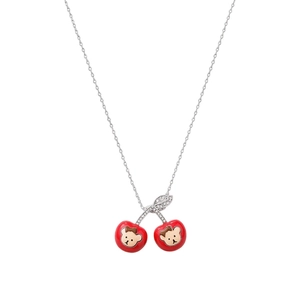 Silver chain necklace featuring red enamel double cherry pendants with cute bear motifs