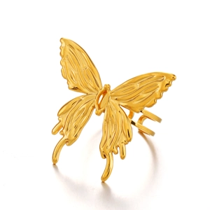 Elegant gold butterfly ring in stainless steel with detailed wing textures on white background