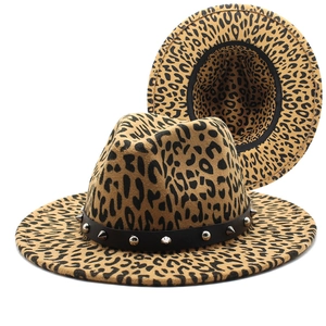 Leopard print wide brim wool fedora with studded black leather band for men and women