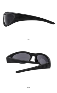Side and back view of matte black Y2K sports sunglasses with a sleek wrap-around design