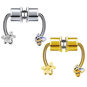 Pair of magnetic stainless steel septum rings with flower and bee charms in gold and silver