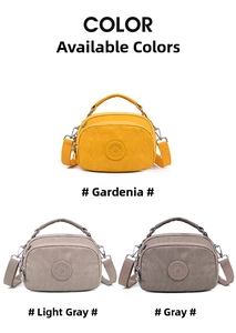 Macro view of nylon crossbody bag details in yellow and grey with dual zipper zippers