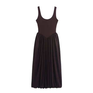 Sleeveless deep brown dress featuring a tight bodice and layered pleated mesh skirt