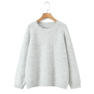 Light gray mohair knit sweater with crew neck and raglan sleeves for autumn winter