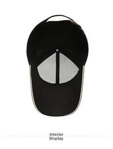 Close-up of black baseball cap interior with breathable mesh and golden metal buckle