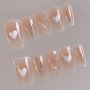 Press On Nails Aurora Butterfly 3D Heart Artificial Pearls Gradient Blush Short Ballet False Nails Sweet INS Style For Women