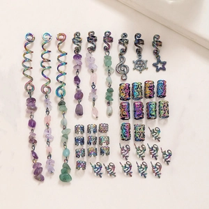Rainbow metal braid charms set with natural crystal pendants for colorful hair styling