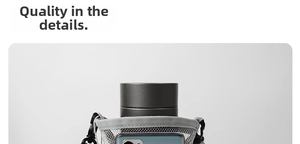 Detail of gray mesh bottle carrier showing capacity for a thermos and a smartphone