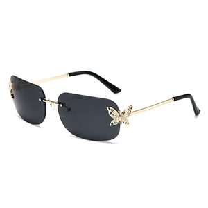Frameless square sunglasses with gold metal butterfly detail and black tinted lenses