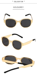Trois vues de lunettes de soleil ovales en métal doré avec verres gris et branches noires