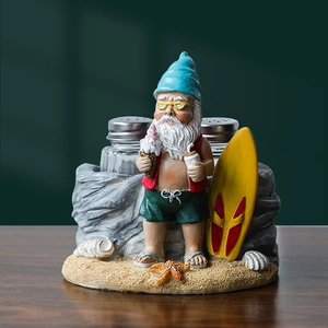 Summer beach gnome salt and pepper shaker set with resin surfboard holder base