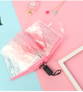 Pink cherry blossom transparent folding umbrella with a stylish floral pattern design