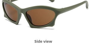 Side view of olive green Y2K sunglasses with jagged edges and brown lenses