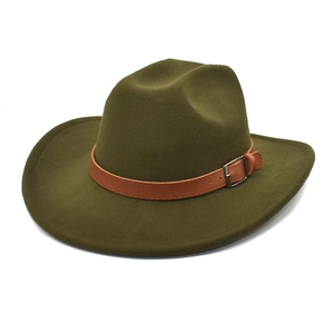 Dark green wide brim felt fedora hat with brown leather band and metallic buckle
