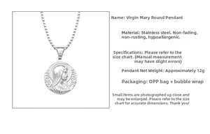 Macro detail of silver Virgin Mary coin pendant showing 12g weight and steel texture