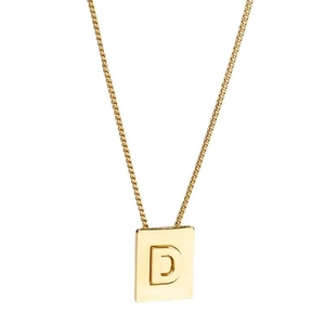Minimalist gold stainless steel necklace with a square D letter pendant on white background