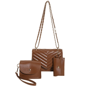 Brown 3-piece quilted chain shoulder bag set with gold hardware on a white background