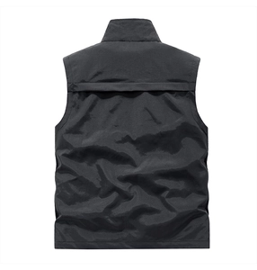 Back view of a black windproof outdoor vest featuring a stand collar and durable fabric