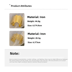 Detailed size and weight specs for hollow floral and solid gold-tone metal cuff bracelets