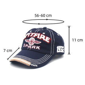 Detailed view of embroidery and dimensions for the navy cotton baseball cap