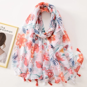 Floral print long scarf with tassels in fresh red flower pattern for women