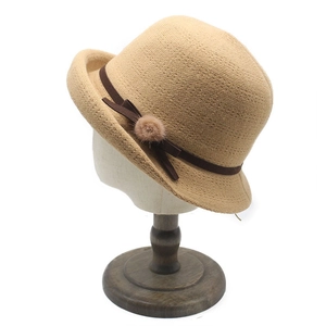 Women Knit Cloche Hat Viscose Nylon Polyester Blend Retro Elegant Bucket Hat With Ribbon Bow And Fur Ball
