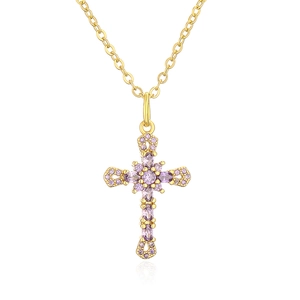 Elegant 18K gold-plated necklace with a cross pendant featuring purple zircon stones