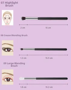 Size chart for makeup brushes including highlighter and eye blending brush with wooden handle